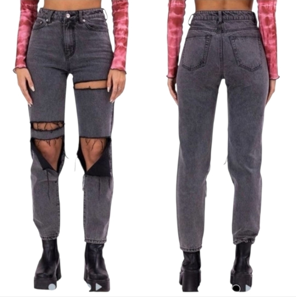 ADIKA Distressed Gray Wash High Waisted Straight Leg Jeans Grunge Cyber Goth